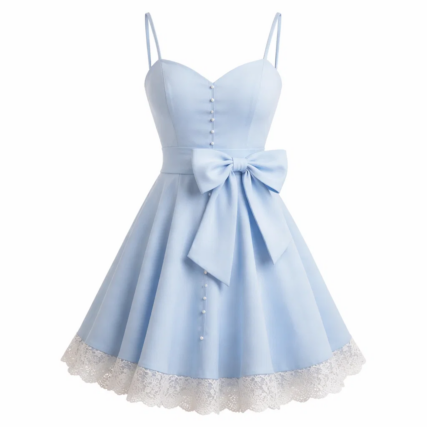 Light Blue Bow Fit-and-Flare Mini Dress – Sweetheart Cami Skater Dress with Pearl Buttons & Lace Hem