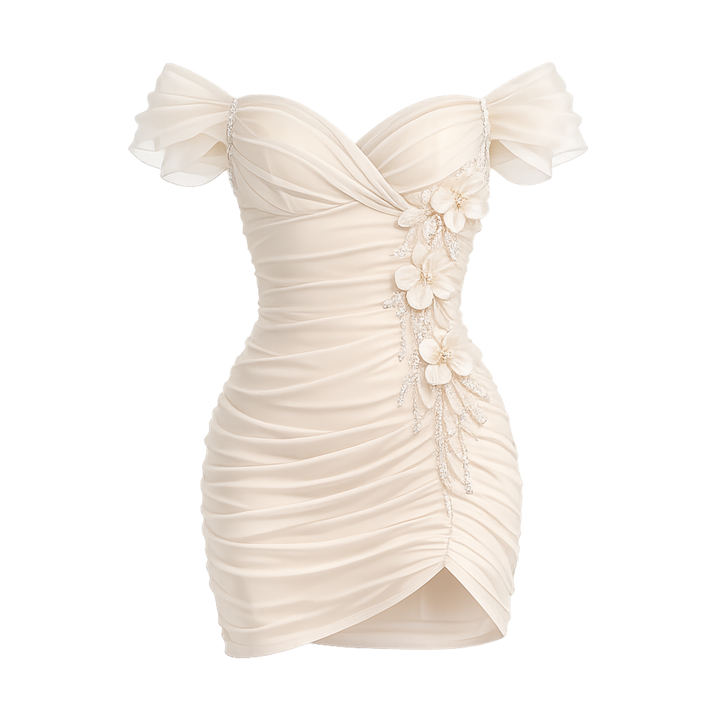 Ivory Off-Shoulder Ruched Mini Dress – Draped Sweetheart Bodycon with 3D Floral Appliqué & Beaded Tassel Detail