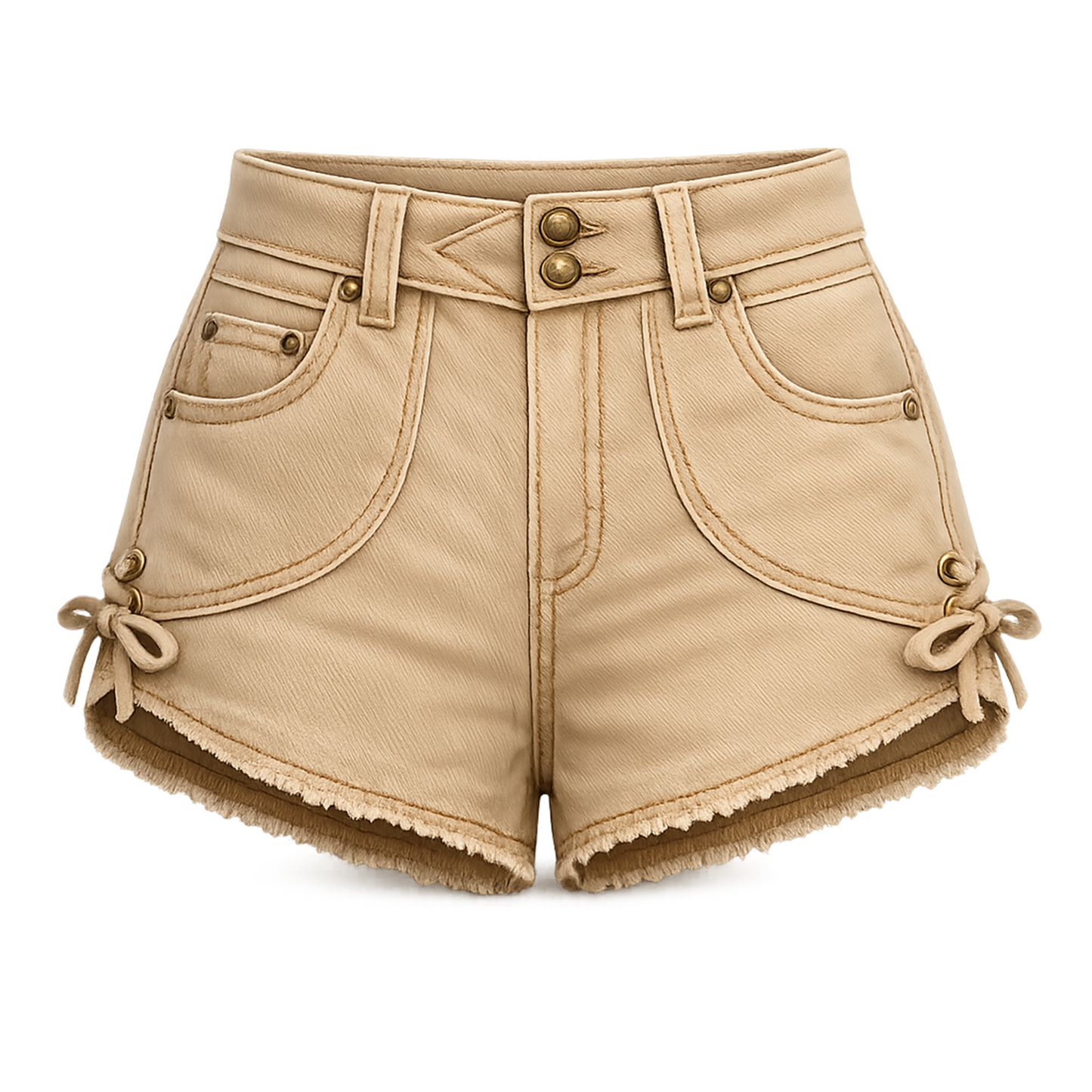 Beige High-Waist Faux Leather Shorts – Double-Button Retro Shorts with Bow-Tie Sides & Frayed Hem