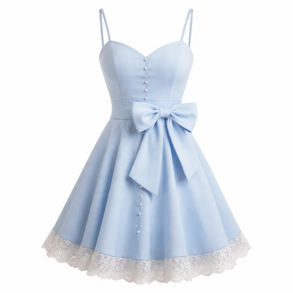 Light Blue Bow Fit-and-Flare Mini Dress – Sweetheart Cami Skater Dress with Pearl Buttons &amp; Lace Hem