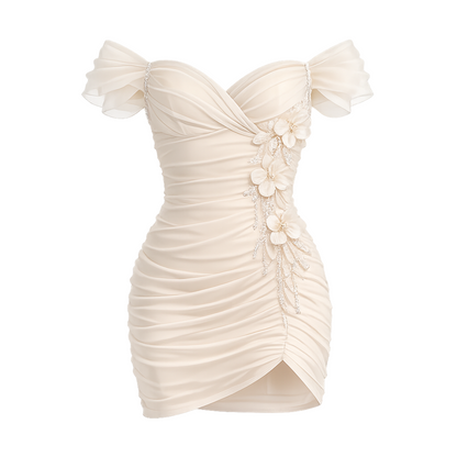 Ivory Off-Shoulder Ruched Mini Dress – Draped Sweetheart Bodycon with 3D Floral Appliqué &amp; Beaded Tassel Detail