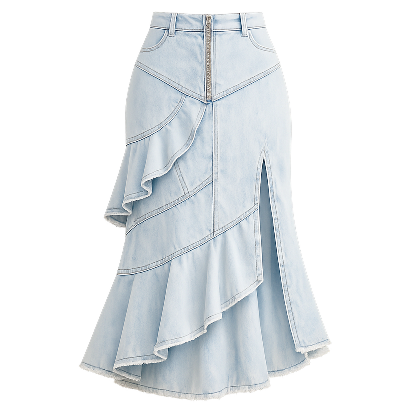 Light Wash Denim Mermaid Midi Skirt – High-Waist Asymmetrical Ruffle Skirt with Front Zip &amp; Side Slit