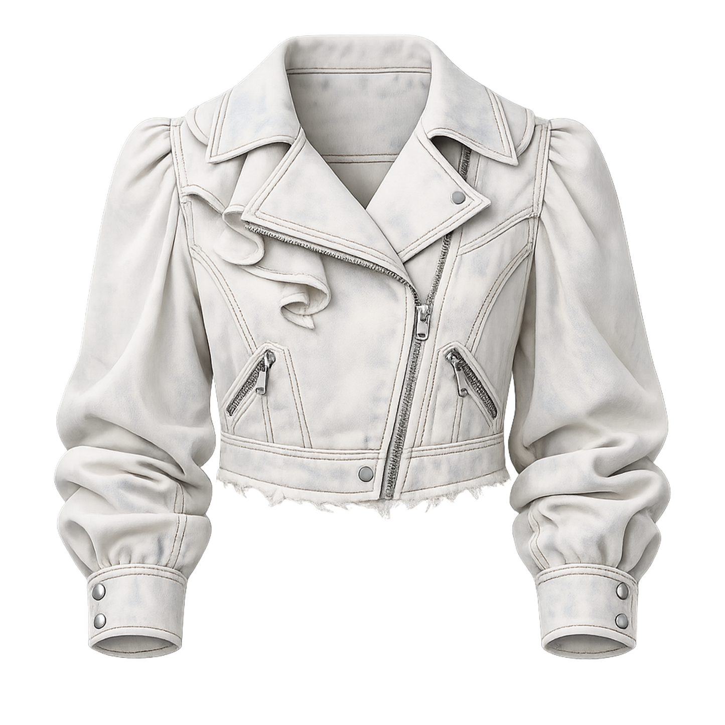Washed White Cropped Moto Jacket – Puff Sleeve Ruffle Biker Jacket with Asymmetrical Zip &amp; Zip Pockets