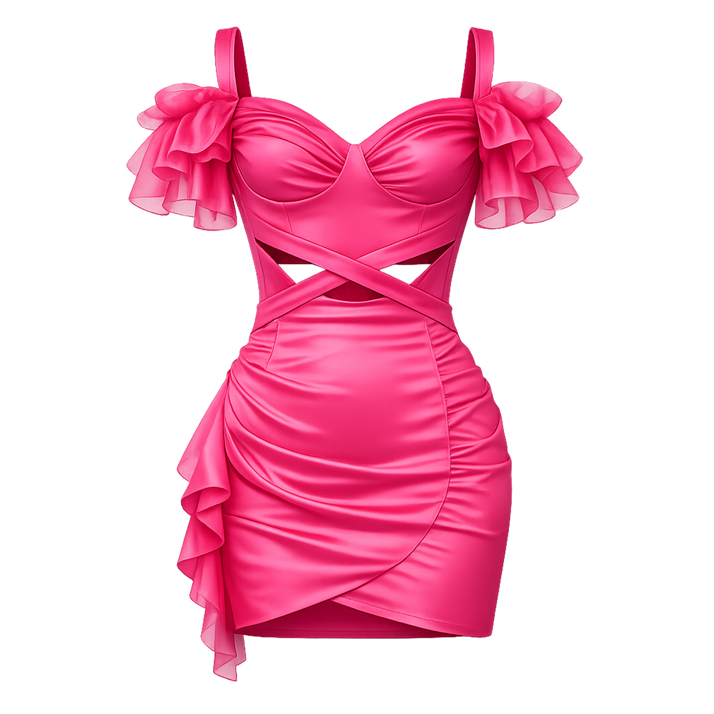 Hot Pink Satin Cutout Mini Dress – Off-Shoulder Ruffle Sleeves, Crisscross Waist &amp; Ruched Wrap Skirt