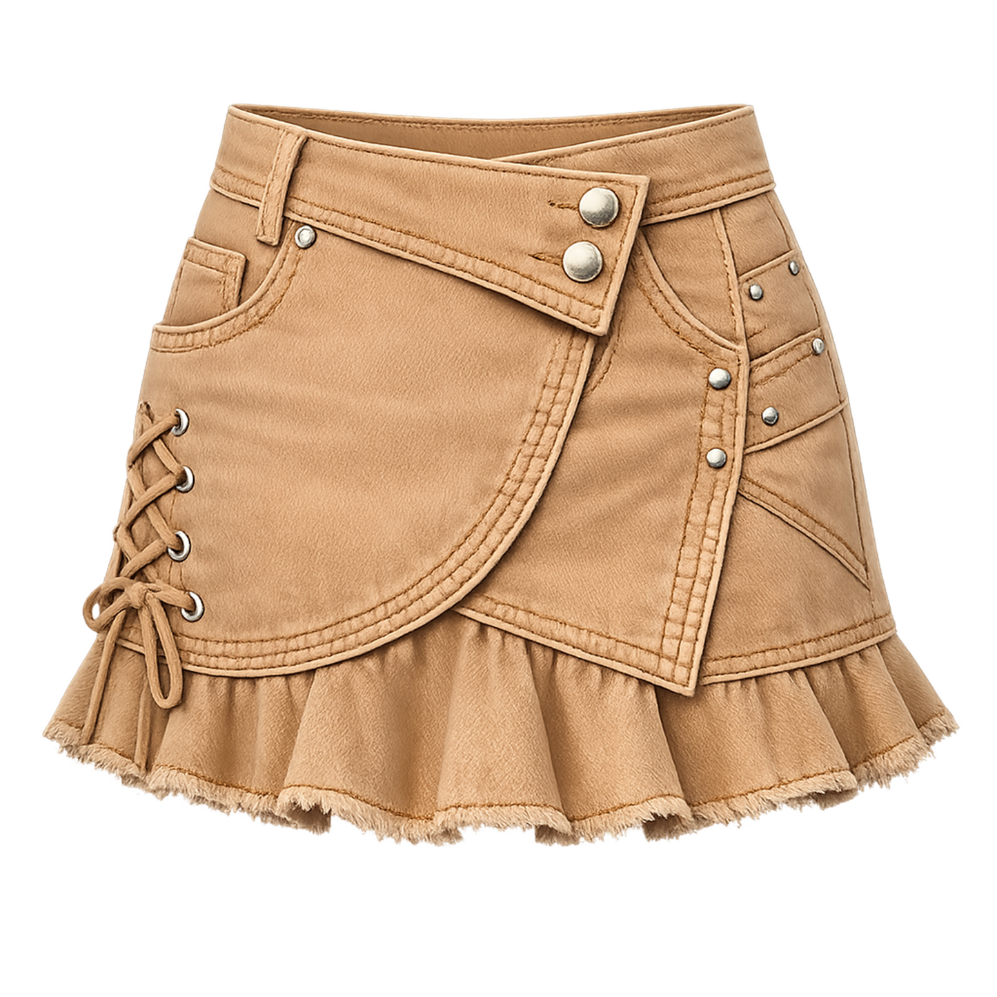 Tan Faux Leather Wrap Mini Skirt – High-Waist Asymmetrical Skort with Lace-Up Side &amp; Ruffle Hem