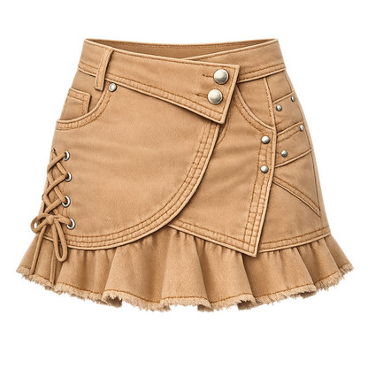 Tan Faux Leather Wrap Mini Skirt – High-Waist Asymmetrical Skort with Lace-Up Side &amp; Ruffle Hem