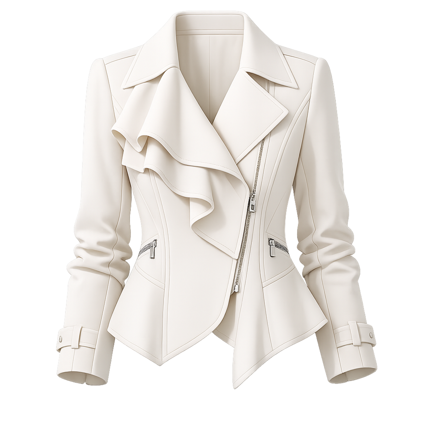 Ivory Asymmetrical Ruffle Moto Jacket – Tailored Peplum Biker Blazer with Diagonal Zip &amp; Buckle Cuffs