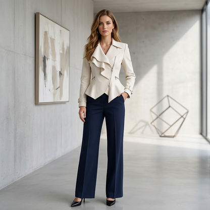 Ivory Asymmetrical Ruffle Moto Jacket – Tailored Peplum Biker Blazer with Diagonal Zip &amp; Buckle Cuffs