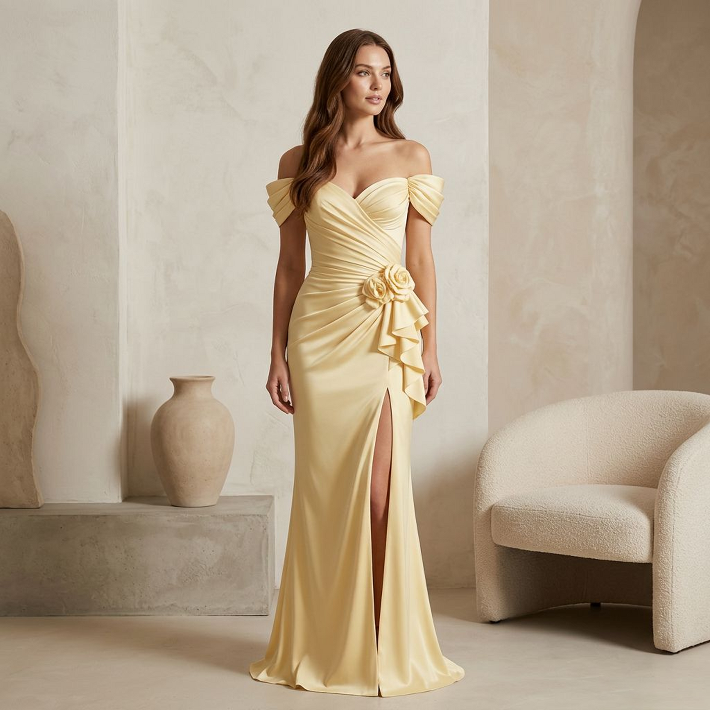 Butter Yellow Off-Shoulder Draped Mermaid Gown – Ruched Wrap Bodice with Floral Rosette &amp; Front Slit