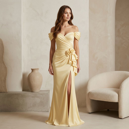 Butter Yellow Off-Shoulder Draped Mermaid Gown – Ruched Wrap Bodice with Floral Rosette &amp; Front Slit