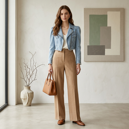 Light Wash Cropped Denim Moto Jacket – Puff Sleeve Biker Jacket with Asymmetrical Zip &amp; Raw Hem