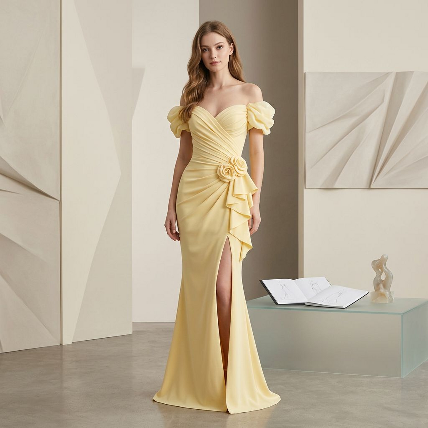 Butter Yellow Off-Shoulder Draped Mermaid Gown – Ruched Wrap Bodice with Floral Rosette &amp; Front Slit