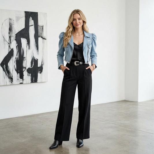 Light Wash Cropped Denim Moto Jacket – Puff Sleeve Biker Jacket with Asymmetrical Zip &amp; Raw Hem