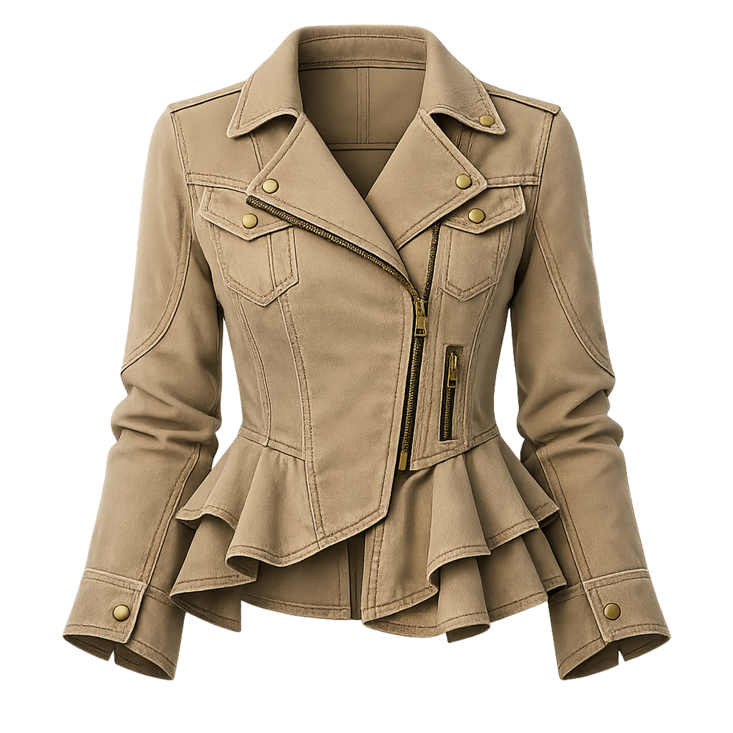 Khaki Peplum Moto Jacket – Tailored Asymmetrical Zip Biker Jacket with Snap Lapels &amp; Ruffle Hem