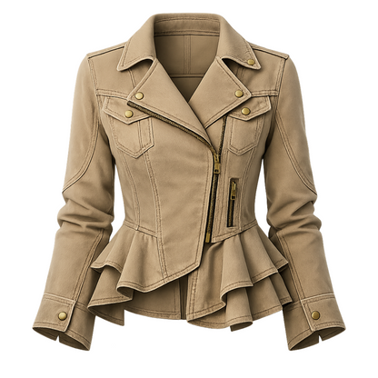 Khaki Peplum Moto Jacket – Tailored Asymmetrical Zip Biker Jacket with Snap Lapels &amp; Ruffle Hem