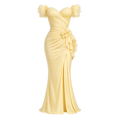 Butter Yellow Off-Shoulder Draped Mermaid Gown – Ruched Wrap Bodice with Floral Rosette &amp; Front Slit