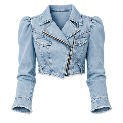 Light Wash Cropped Denim Moto Jacket – Puff Sleeve Biker Jacket with Asymmetrical Zip &amp; Raw Hem