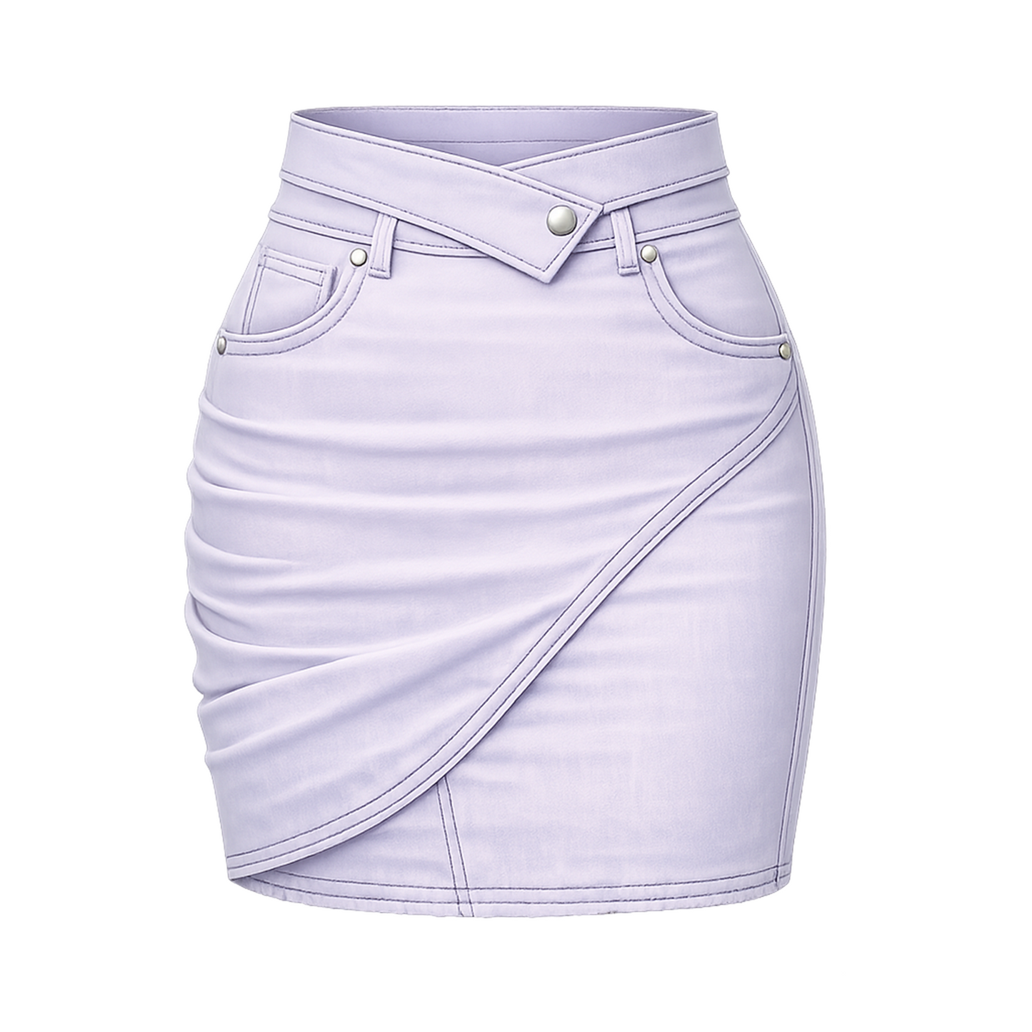 Lavender High-Waist Wrap Mini Skirt – Ruched Bodycon Skirt with Asymmetrical Overlap &amp; Pocket Detail