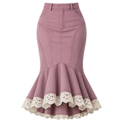 Mauve High-Waist Mermaid Midi Skirt – Paneled Bodycon Fishtail Skirt with Lace Trim Hem
