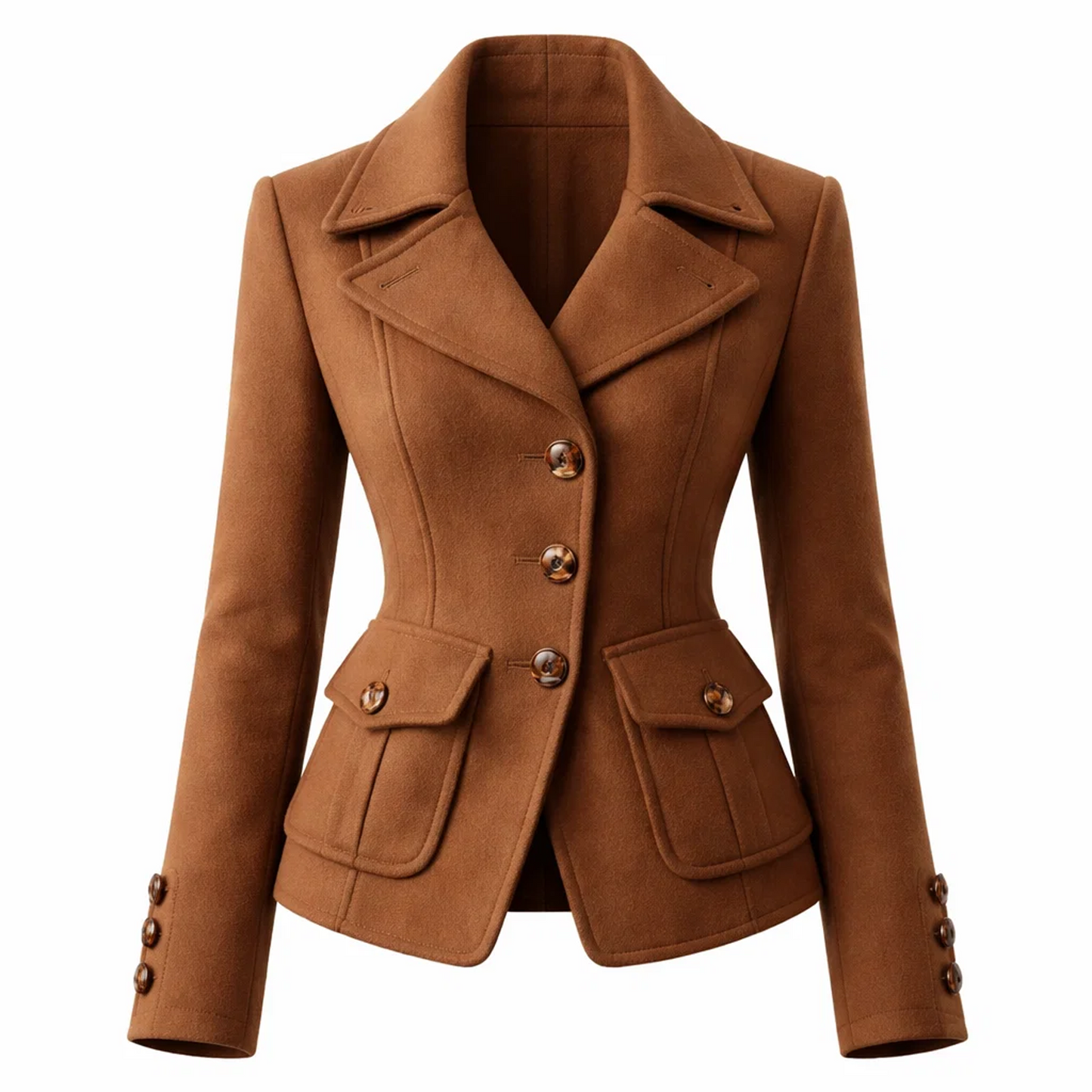Camel Brown Tailored Blazer Jacket – Notched Lapel Fitted Coat with Button Front &amp; Flap Pockets