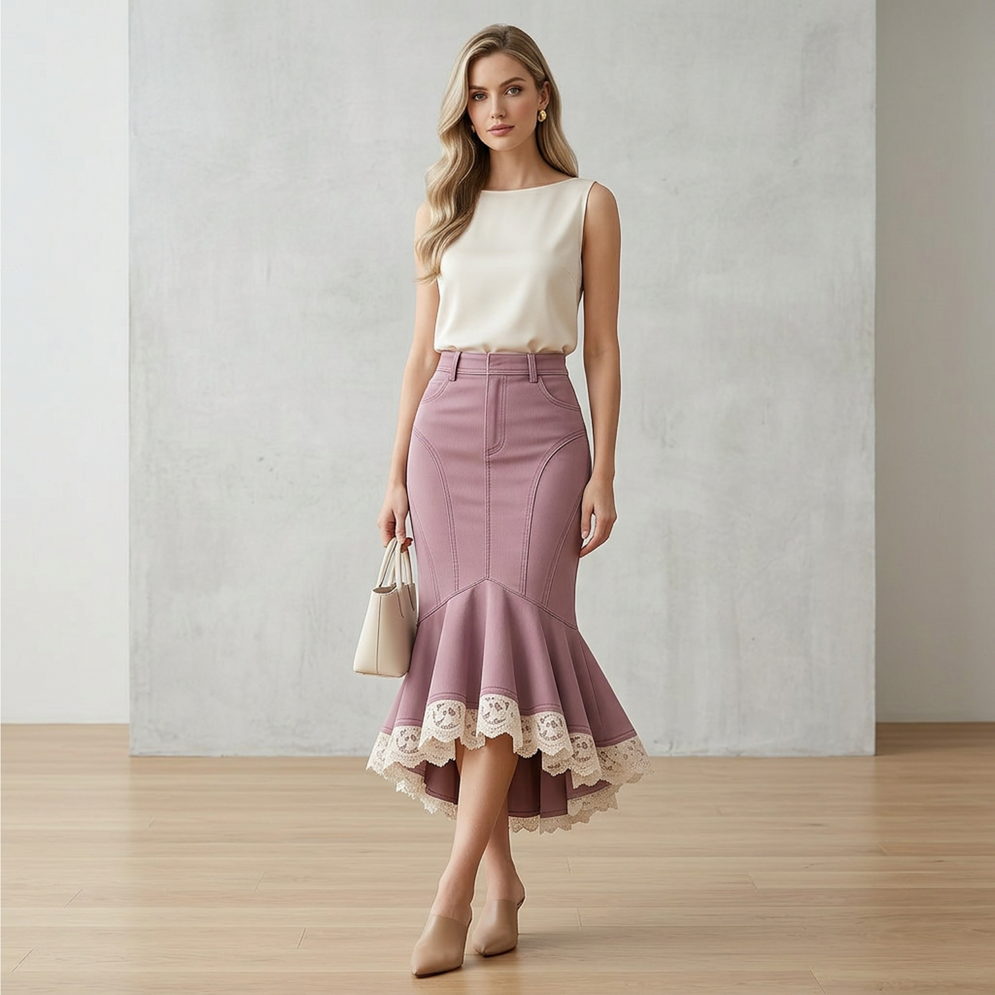 Mauve High-Waist Mermaid Midi Skirt – Paneled Bodycon Fishtail Skirt with Lace Trim Hem