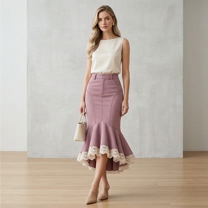 Mauve High-Waist Mermaid Midi Skirt – Paneled Bodycon Fishtail Skirt with Lace Trim Hem
