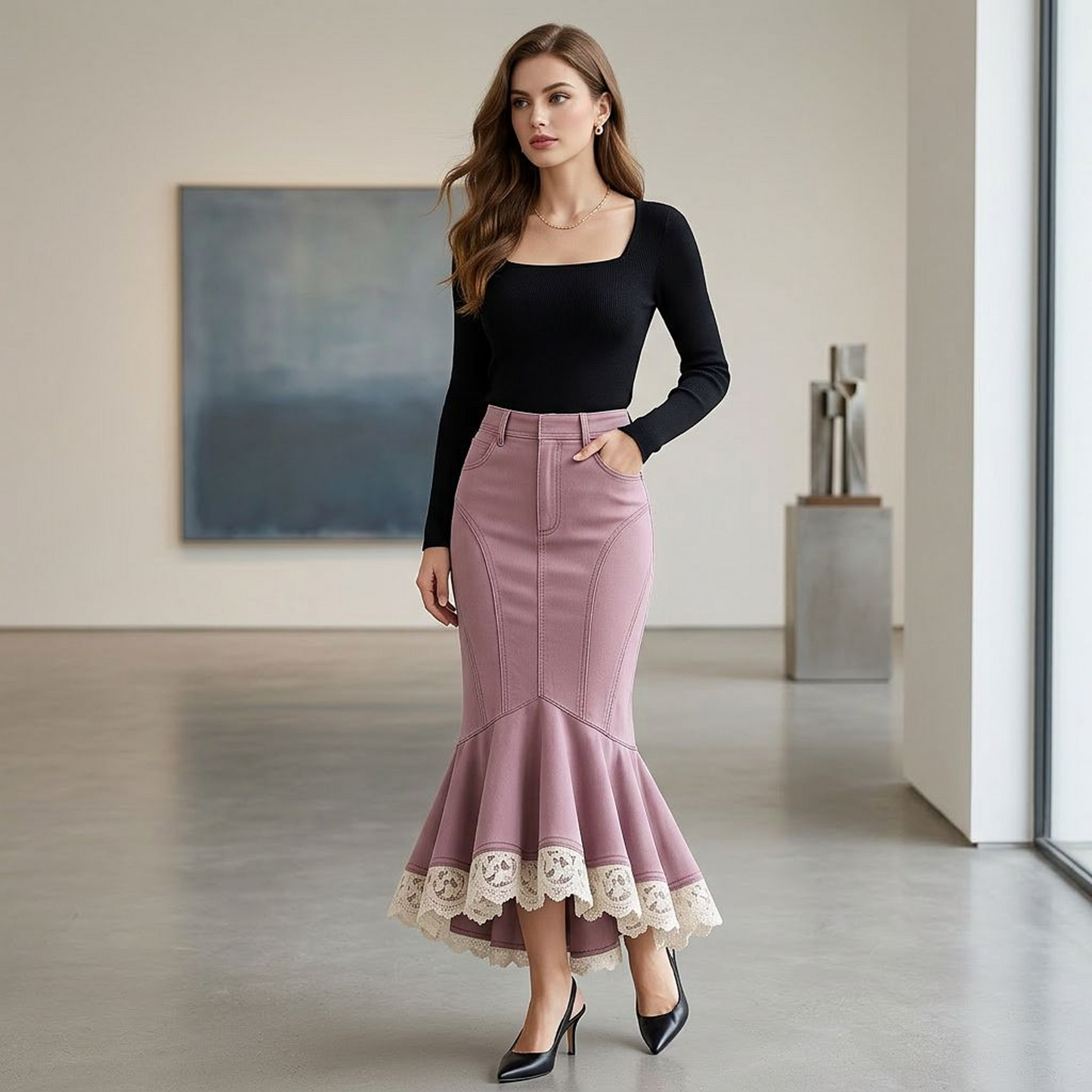 Mauve High-Waist Mermaid Midi Skirt – Paneled Bodycon Fishtail Skirt with Lace Trim Hem