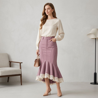 Mauve High-Waist Mermaid Midi Skirt – Paneled Bodycon Fishtail Skirt with Lace Trim Hem