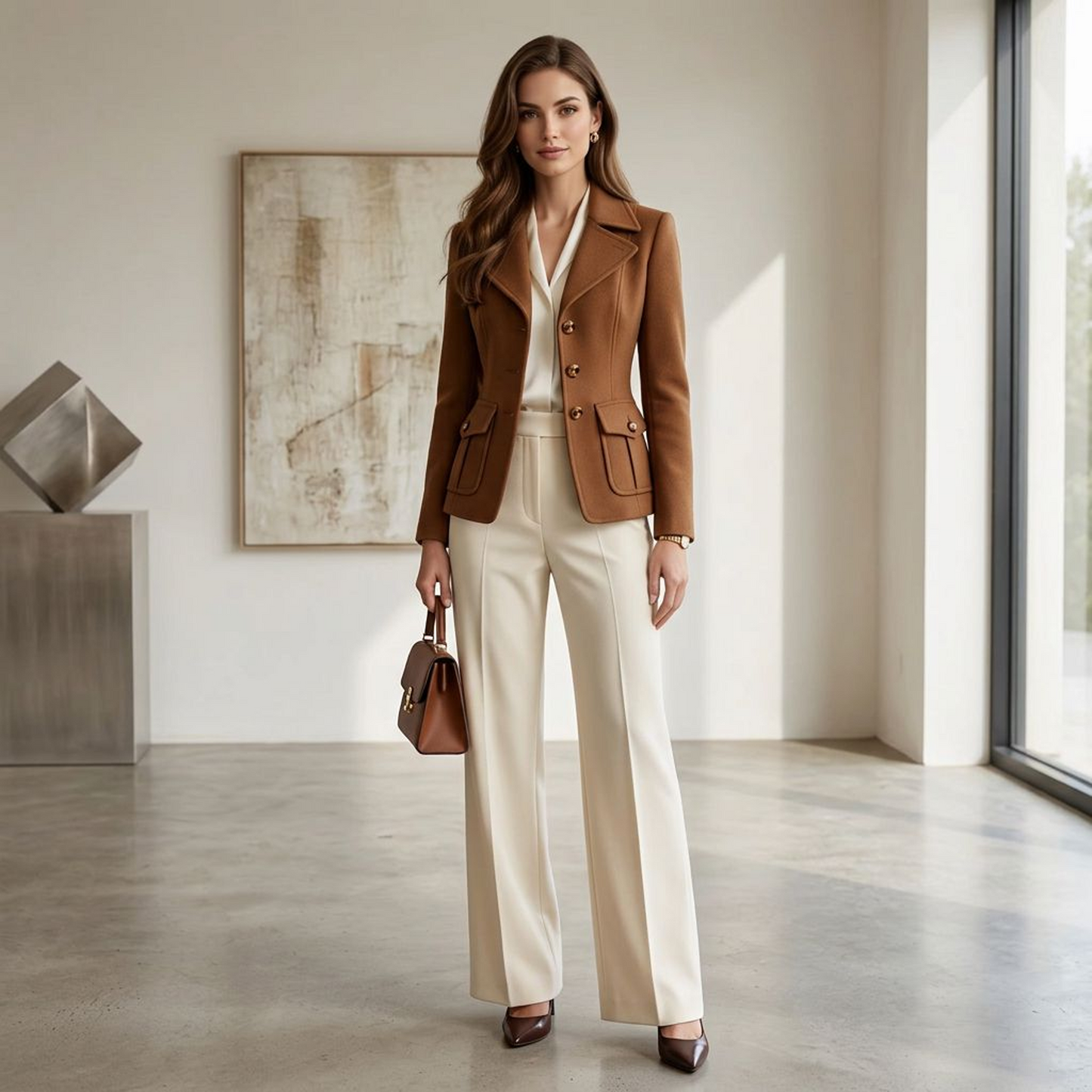Camel Brown Tailored Blazer Jacket – Notched Lapel Fitted Coat with Button Front &amp; Flap Pockets