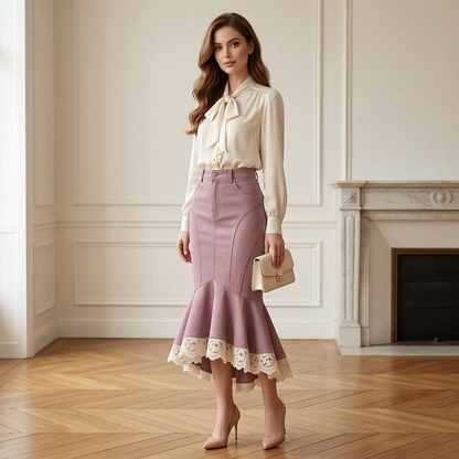 Mauve High-Waist Mermaid Midi Skirt – Paneled Bodycon Fishtail Skirt with Lace Trim Hem