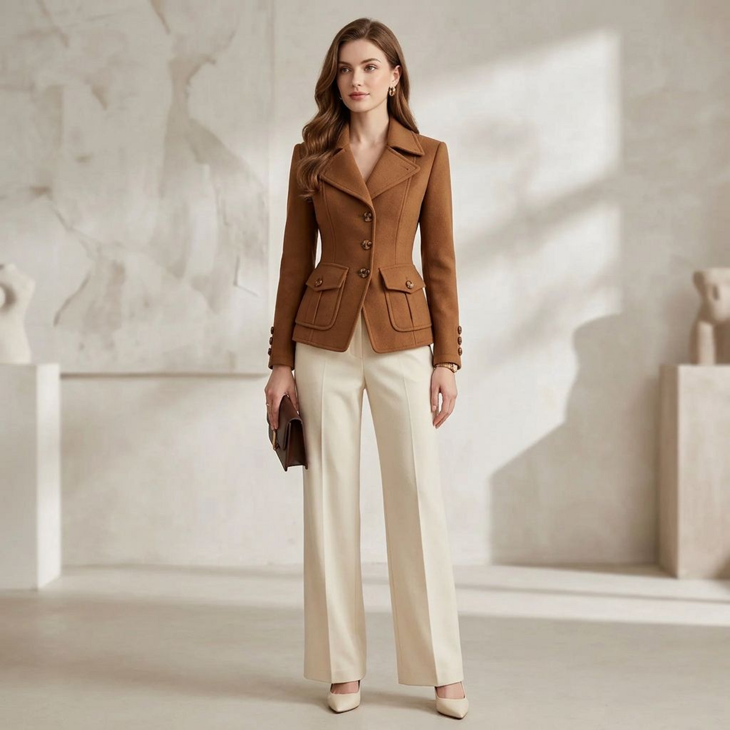 Camel Brown Tailored Blazer Jacket – Notched Lapel Fitted Coat with Button Front &amp; Flap Pockets