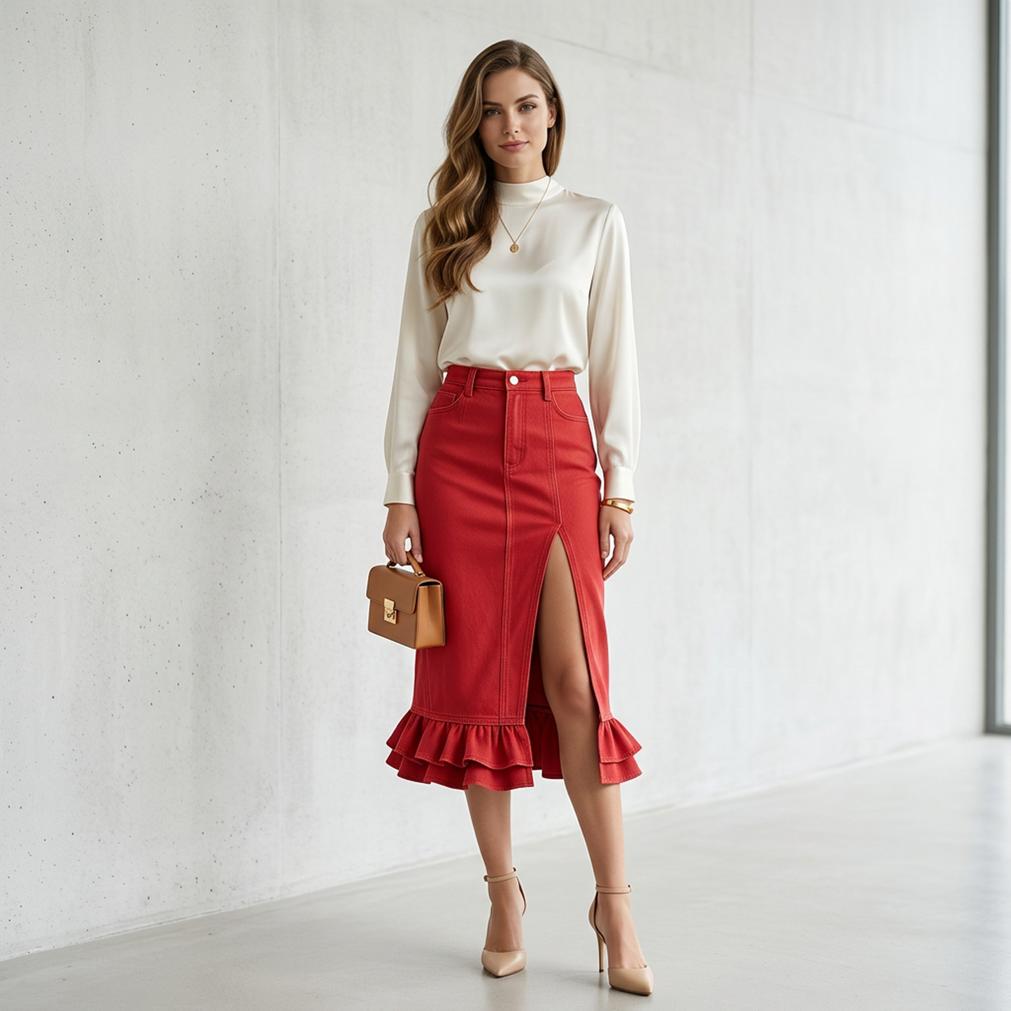 Red High-Waist Denim Midi Skirt – Front Slit Pencil Skirt with Ruffle Hem