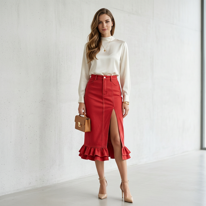 Red High-Waist Denim Midi Skirt – Front Slit Pencil Skirt with Ruffle Hem