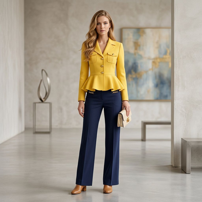 Mustard Yellow Peplum Blazer Jacket – Tailored Notched-Lapel Coat with Gold Buttons &amp; Utility Pockets