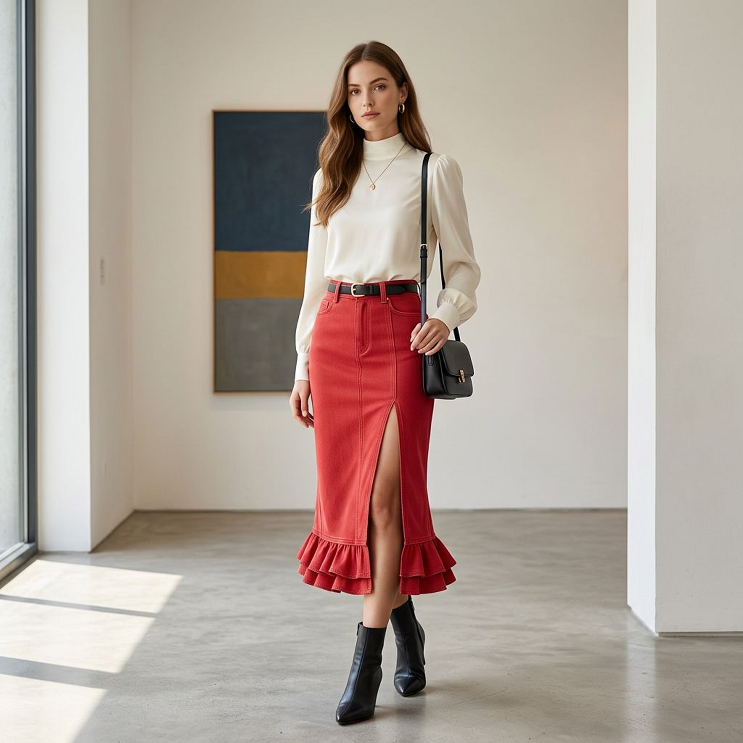 Red High-Waist Denim Midi Skirt – Front Slit Pencil Skirt with Ruffle Hem