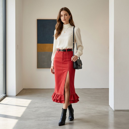 Red High-Waist Denim Midi Skirt – Front Slit Pencil Skirt with Ruffle Hem
