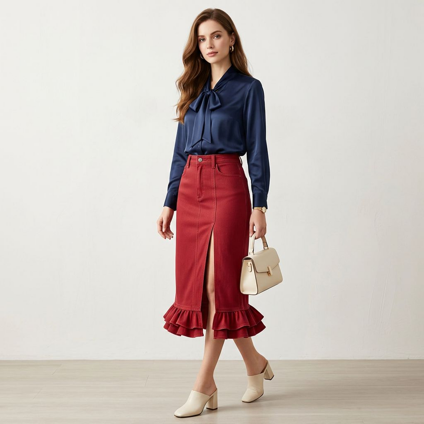 Red High-Waist Denim Midi Skirt – Front Slit Pencil Skirt with Ruffle Hem