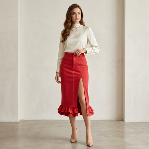 Red High-Waist Denim Midi Skirt – Front Slit Pencil Skirt with Ruffle Hem