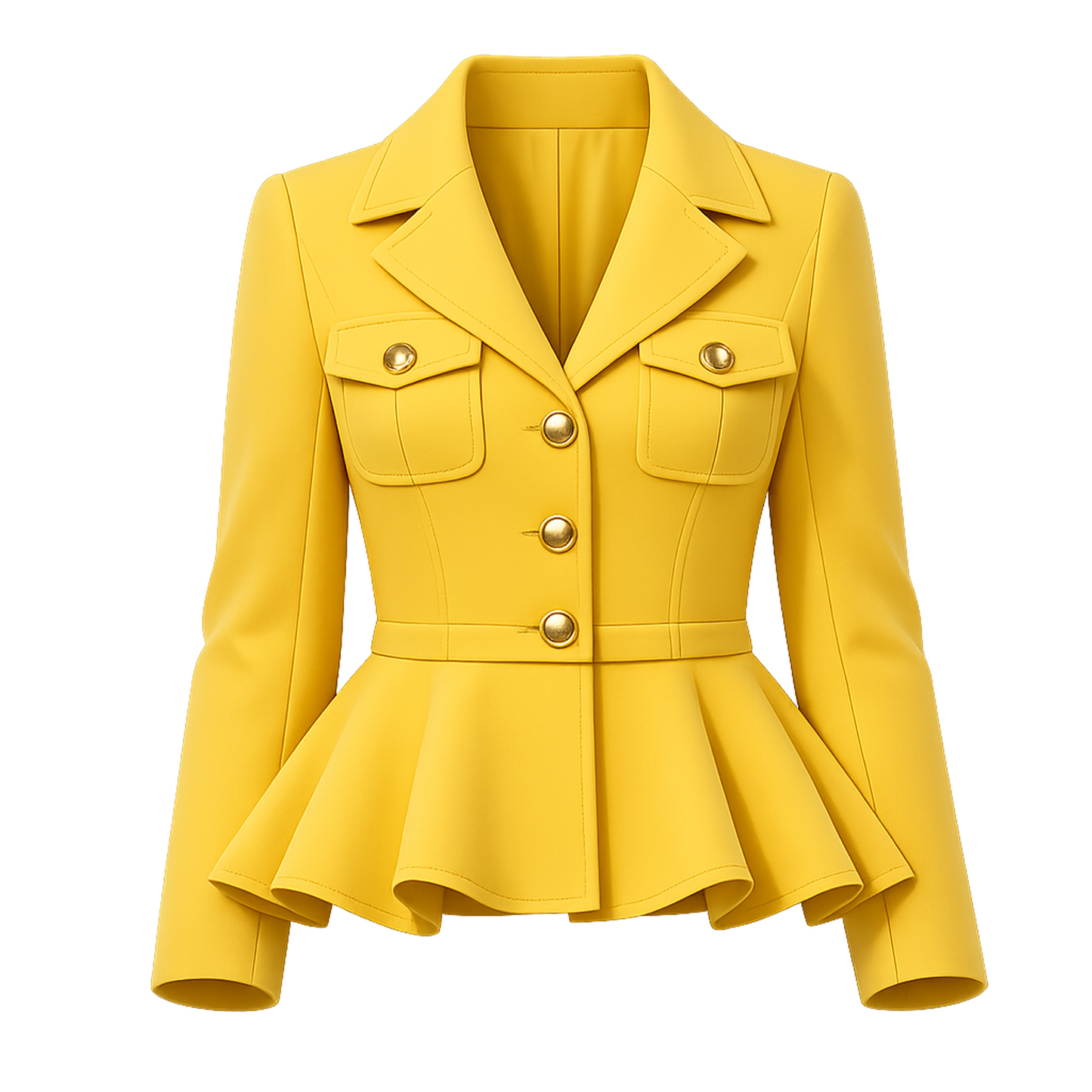Mustard Yellow Peplum Blazer Jacket – Tailored Notched-Lapel Coat with Gold Buttons &amp; Utility Pockets