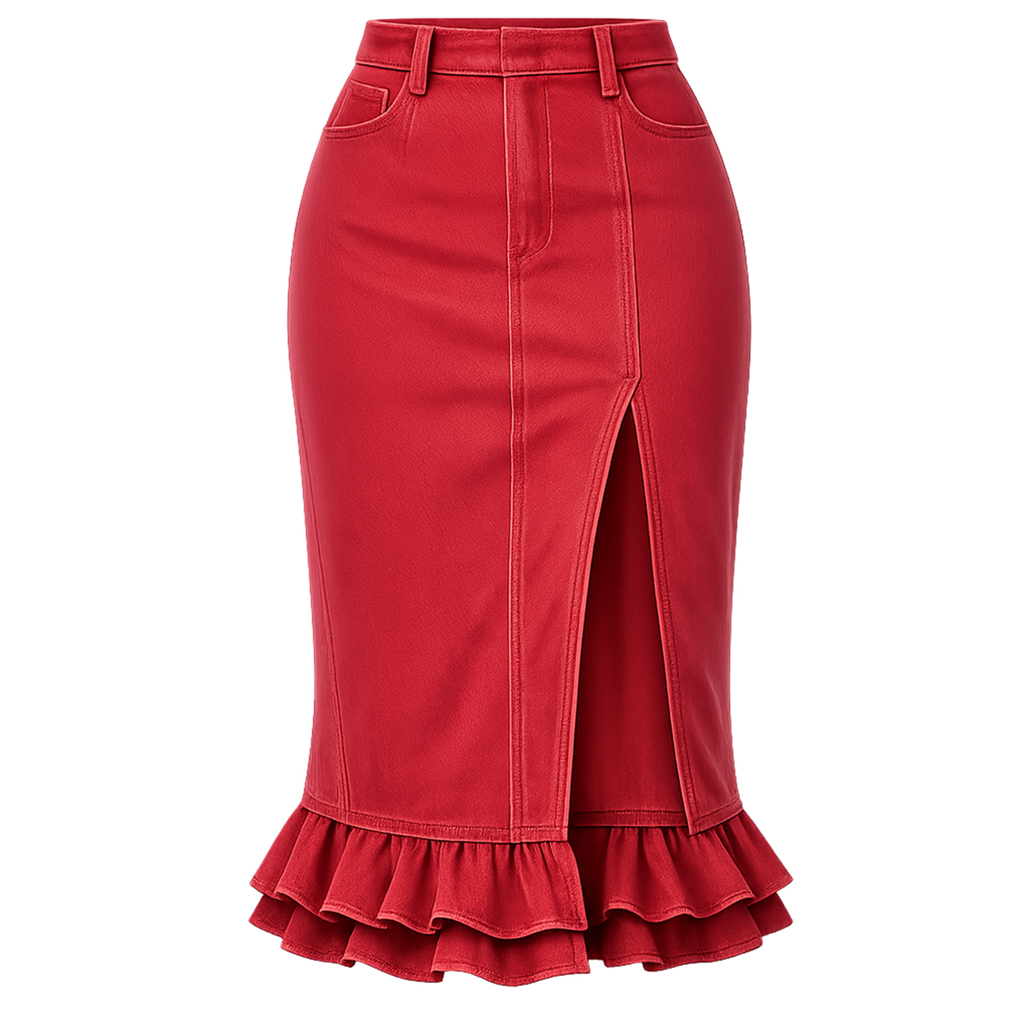 Red High-Waist Denim Midi Skirt – Front Slit Pencil Skirt with Ruffle Hem