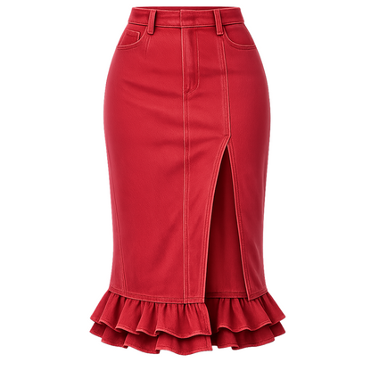 Red High-Waist Denim Midi Skirt – Front Slit Pencil Skirt with Ruffle Hem