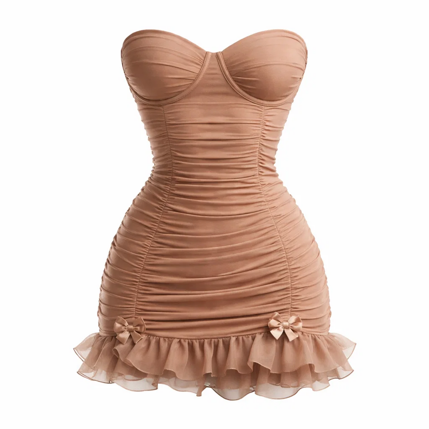 Mocha Ruched Strapless Corset Mini Dress – Ruffle Hem Bodycon with Bow Accents