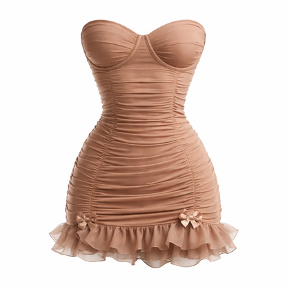 Mocha Ruched Strapless Corset Mini Dress – Ruffle Hem Bodycon with Bow Accents