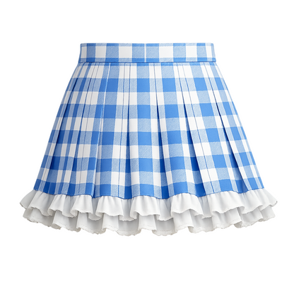 Blue Gingham Pleated Mini Skirt – High-Waist Checkered Skater Skirt with Layered Ruffle Hem