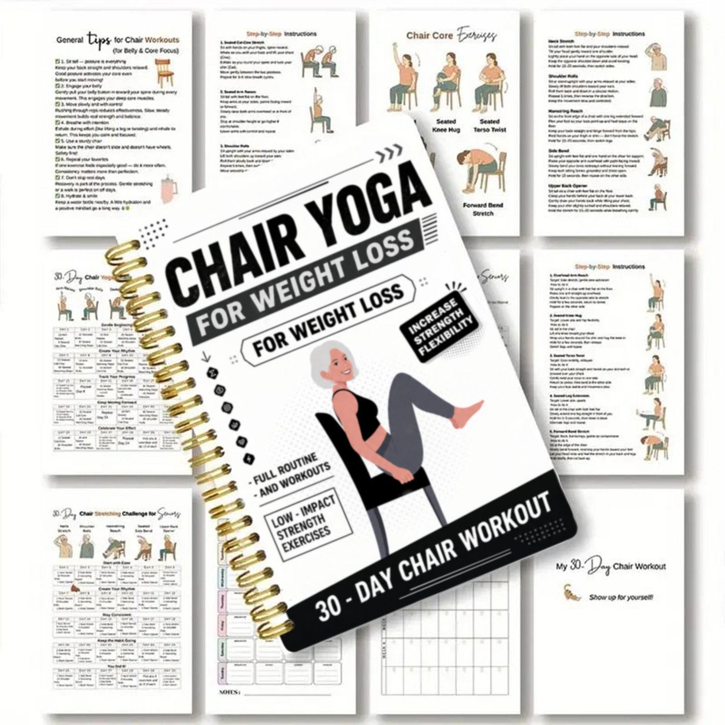 30-Day Chair Yoga Weight Control Spiral-Bound Notebook & Step-by-Step Exercise Guide