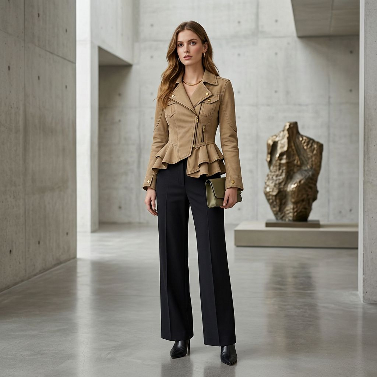 Khaki Peplum Moto Jacket – Tailored Asymmetrical Zip Biker Jacket with Snap Lapels &amp; Ruffle Hem