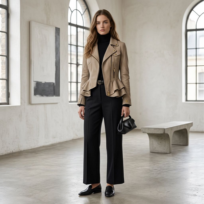 Khaki Peplum Moto Jacket – Tailored Asymmetrical Zip Biker Jacket with Snap Lapels &amp; Ruffle Hem