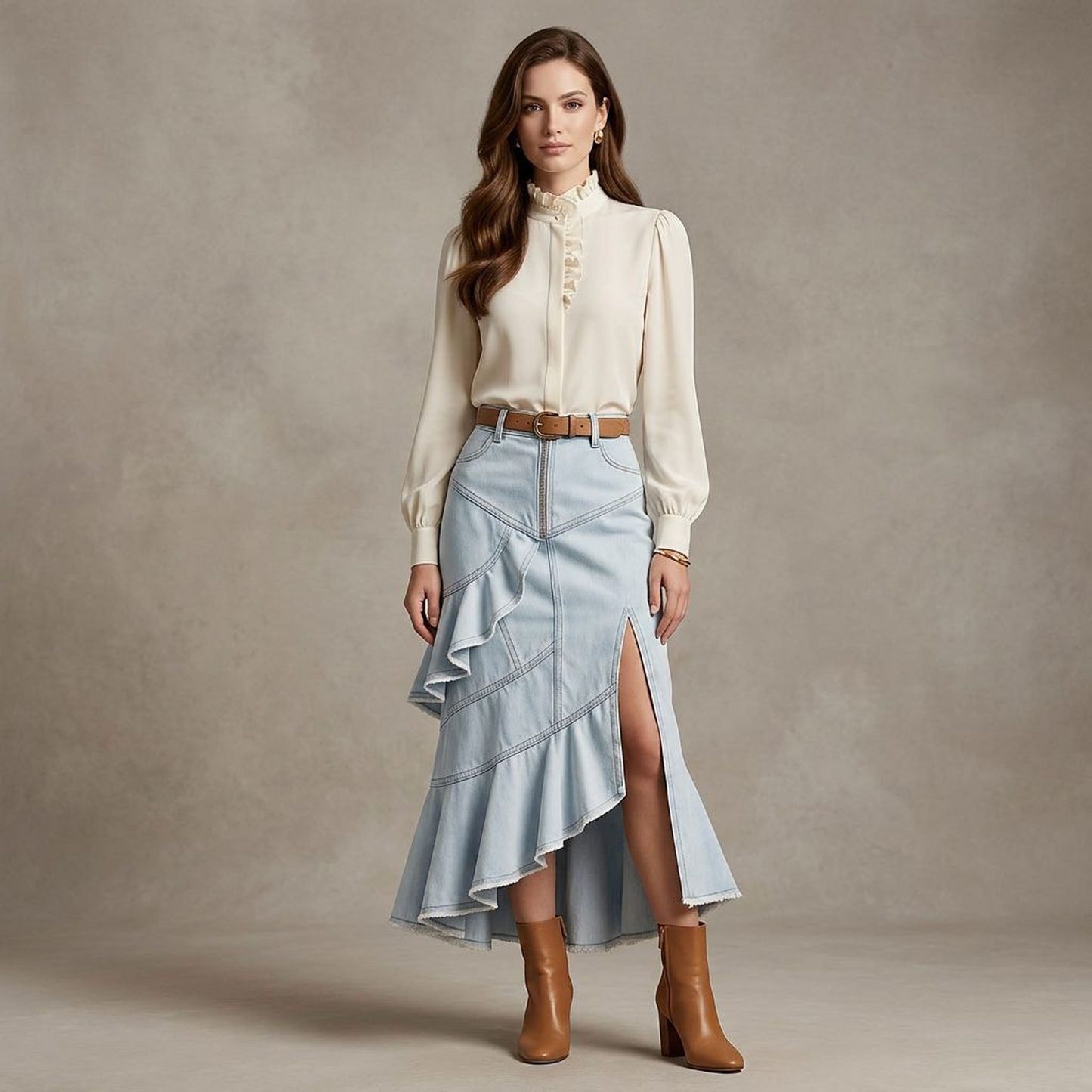 Light Wash Denim Mermaid Midi Skirt – High-Waist Asymmetrical Ruffle Skirt with Front Zip &amp; Side Slit