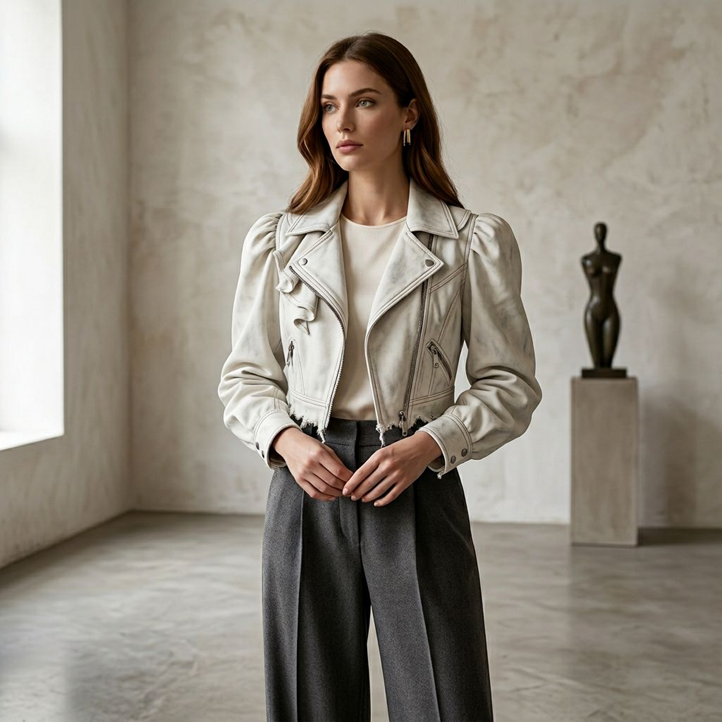 Washed White Cropped Moto Jacket – Puff Sleeve Ruffle Biker Jacket with Asymmetrical Zip &amp; Zip Pockets