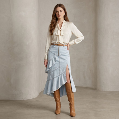 Light Wash Denim Mermaid Midi Skirt – High-Waist Asymmetrical Ruffle Skirt with Front Zip &amp; Side Slit